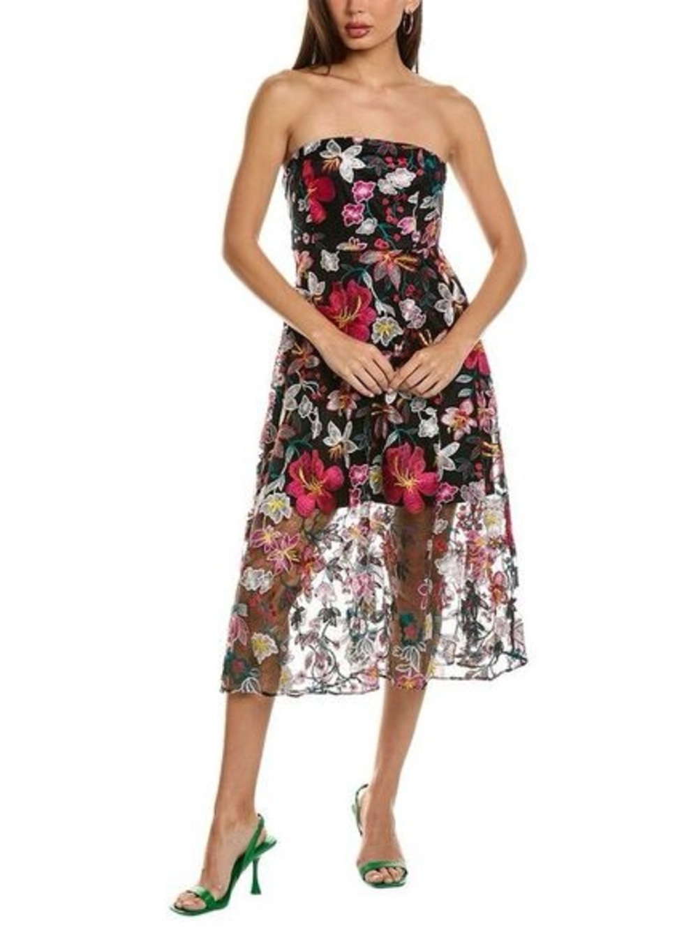 Sam Edelman Black Strapless Floral Embroidered Midi Dress